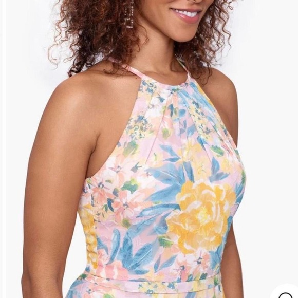 BETSEY & ADAM long halter wrap Pink and yellow floral dress - Picture 3 of 6